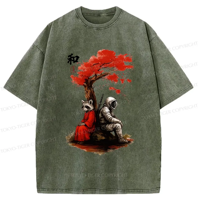 Tokyo-Tiger Raccoon And Astronaut By Tree Washed T-Shirt
