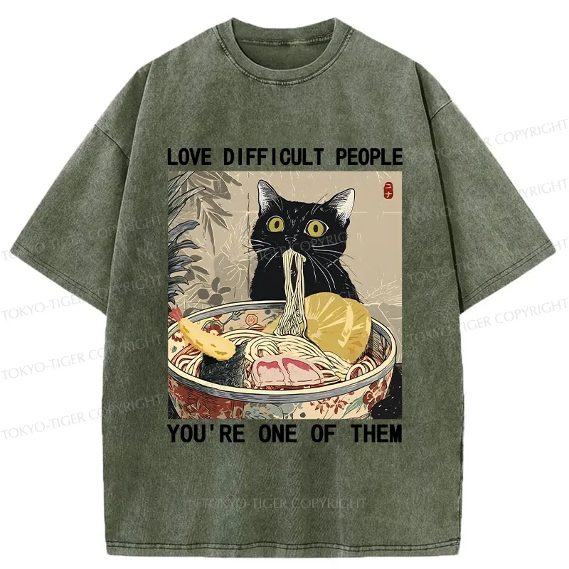 Tokyo-Tiger Kawaii Cat Eating Ramen Washed T-Shirt