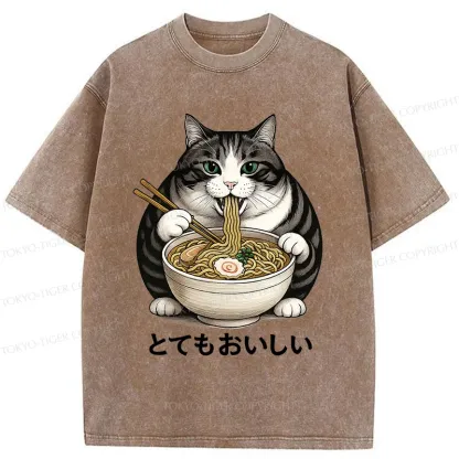 Tokyo-Tiger Fat Cat Eating Delicious Ramen Washed T-Shirt