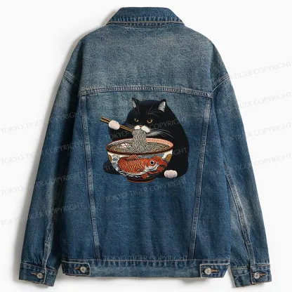 Tokyo-Tiger Fat Cat Eating Ramen Jean Jacket