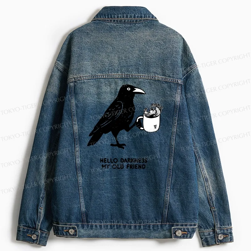 Tokyo-Tiger Crow Drinking Black Coffee Funny Jean Jacket