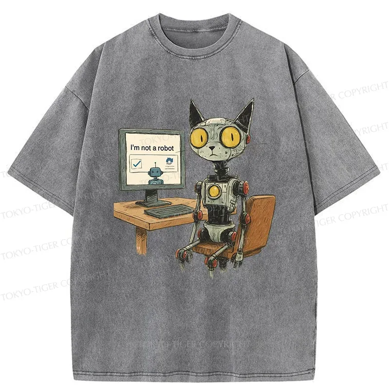 Tokyo-Tiger Robot Cat In Question Washed T-Shirt