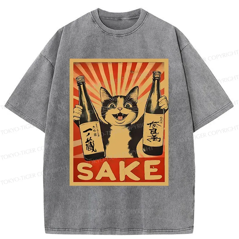 Tokyo-Tiger Cat Holding Wine Washed T-Shirt