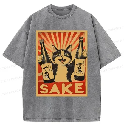 Tokyo-Tiger Cat Holding Wine Washed T-Shirt