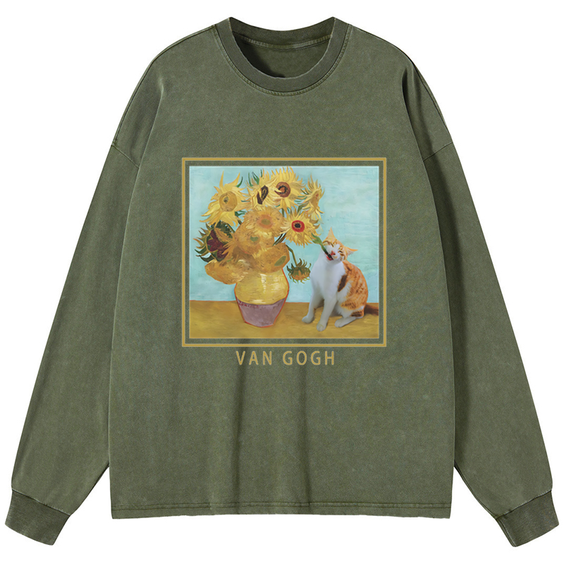Tokyo-Tiger Naughty Cat Biting Sunflower Washed Long Sleeve T-Shirt