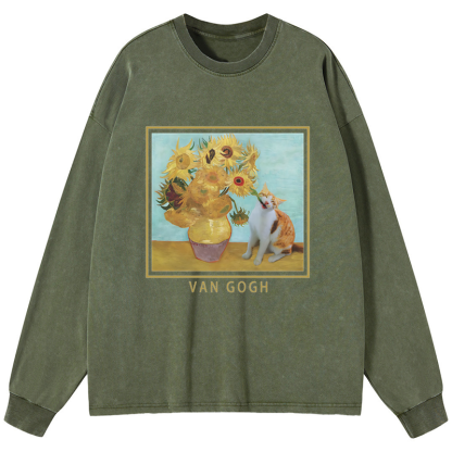 Tokyo-Tiger Naughty Cat Biting Sunflower Washed Long Sleeve T-Shirt