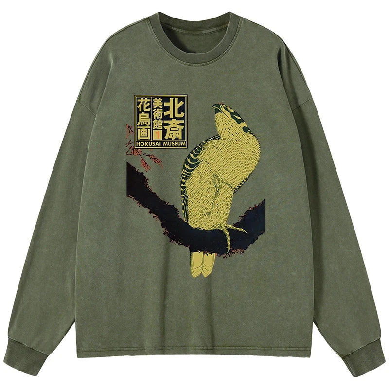 Tokyo-Tiger Hokusai Museum Flower And Bird Washed Long Sleeve T-Shirt