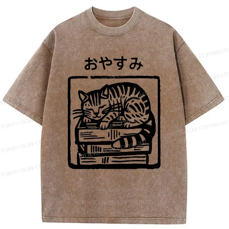 Tokyo-Tiger Cat Sleeping On The Bookshelf Washed T-Shirt