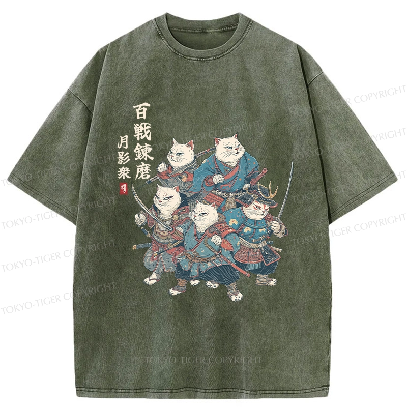 Tokyo-Tiger Five Cat Samurai Washed T-Shirt