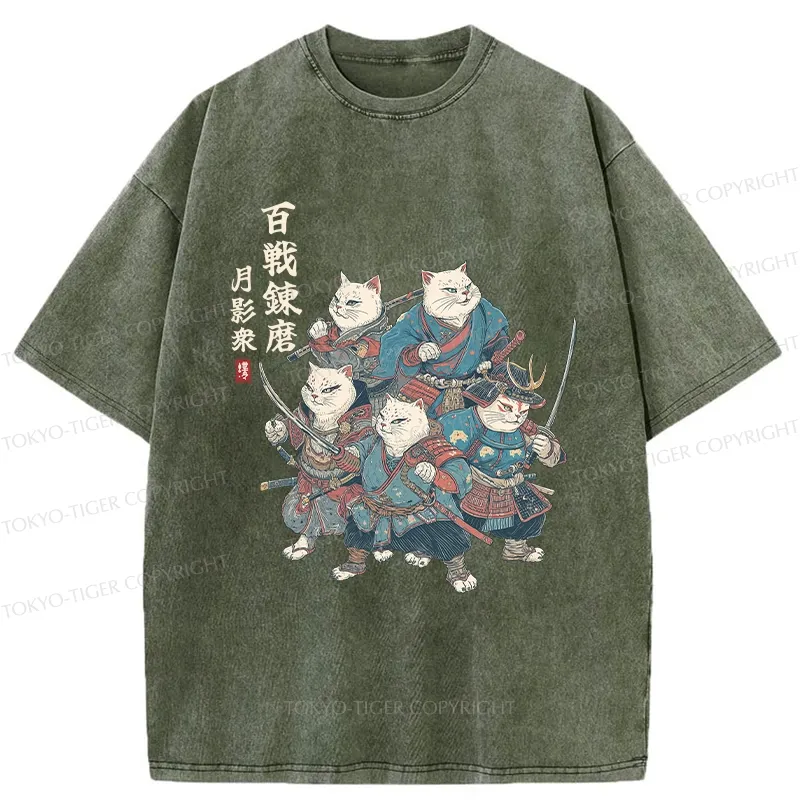 Tokyo-Tiger Five Cat Samurai Washed T-Shirt