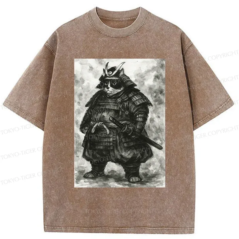 Tokyo-Tiger Strong Cat Samurai Washed T-Shirt