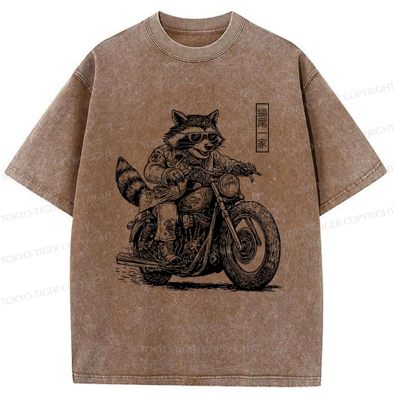 Tokyo-Tiger Raccoon Riding A Motorcycle Washed T-Shirt