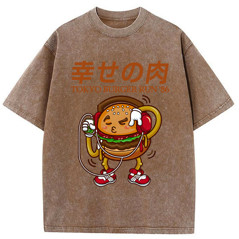 Tokyo-Tiger Funny Burger Listen To Music Washed T-Shirt