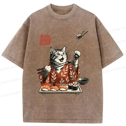 Tokyo-Tiger American Shorthair Cat Eating Sushi Washed T-Shirt
