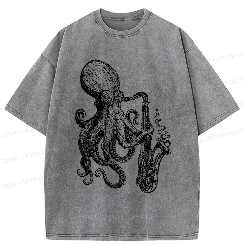 Tokyo-Tiger Octopus Playing Saxophone Washed T-Shirt