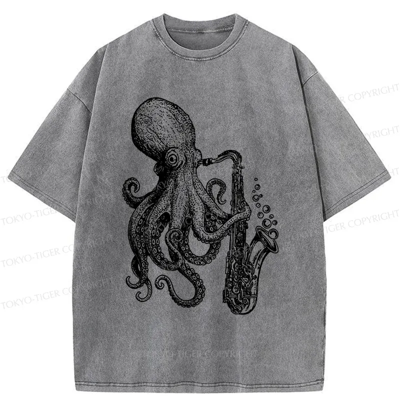 Tokyo-Tiger Octopus Playing Saxophone Washed T-Shirt