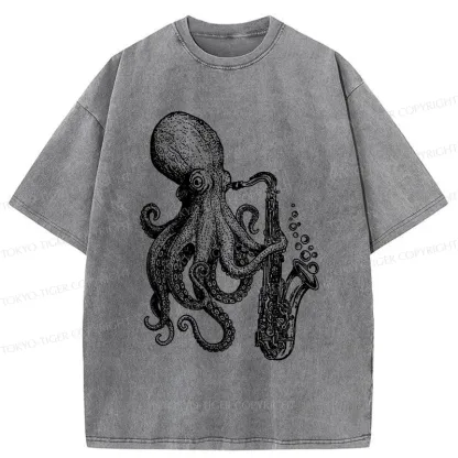Tokyo-Tiger Octopus Playing Saxophone Washed T-Shirt
