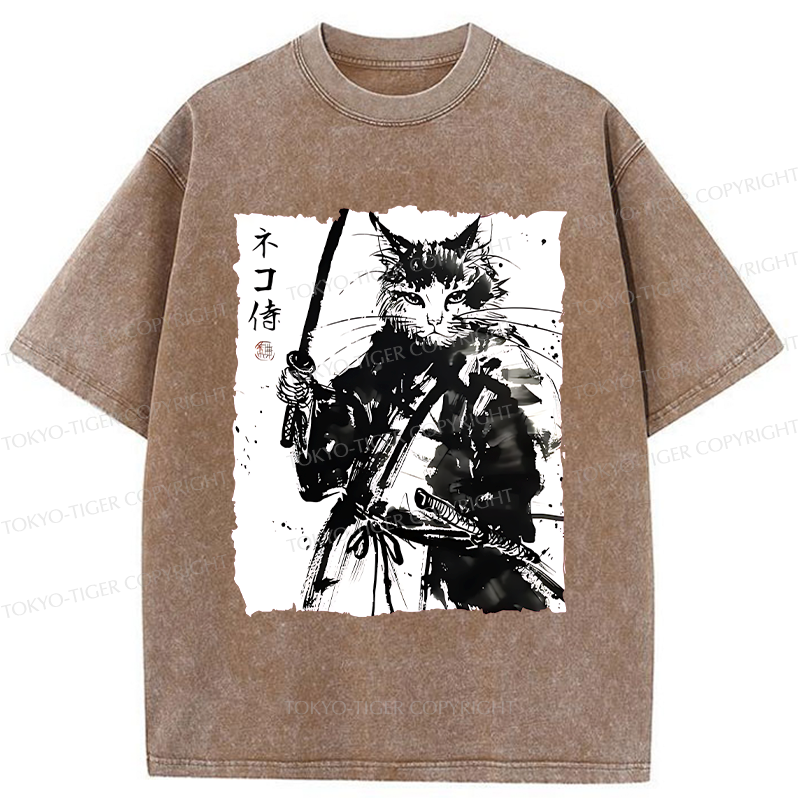Tokyo-Tiger Ink Painting Cat Samurai Washed T-Shirt