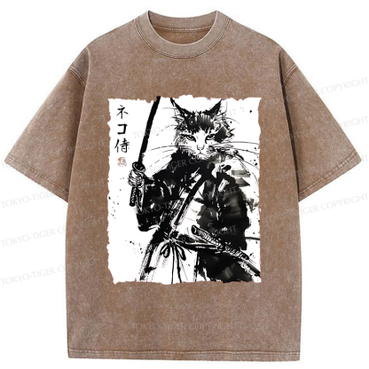 Tokyo-Tiger Ink Painting Cat Samurai Washed T-Shirt