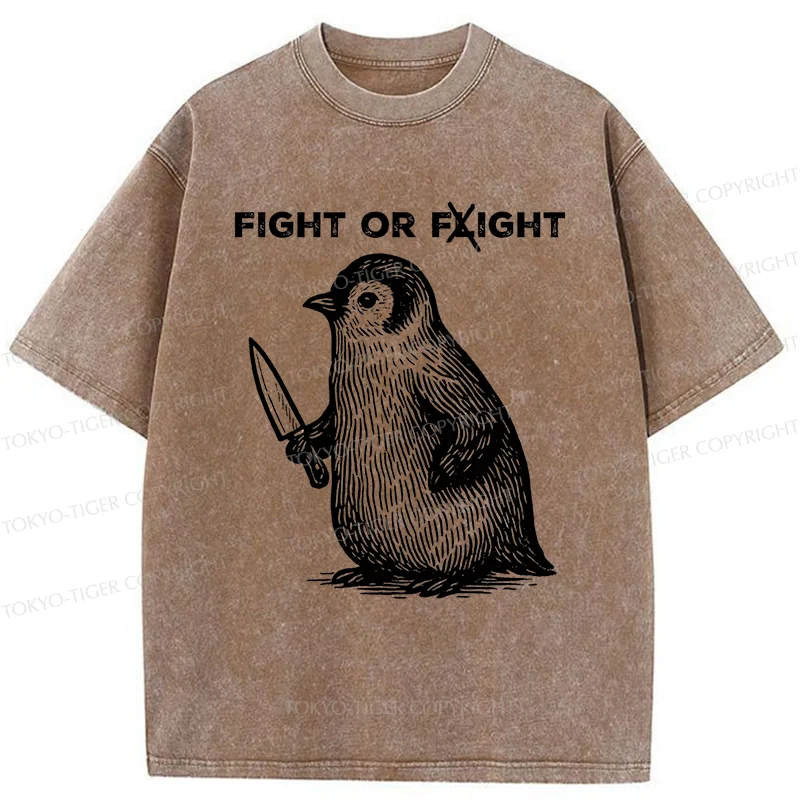 Tokyo-Tiger Funny Fight Or Flight Penguin Washed T-Shirt