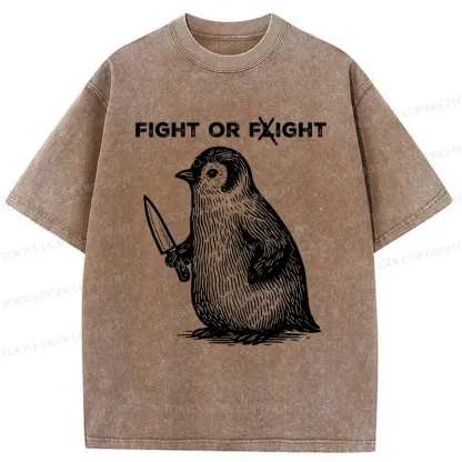 Tokyo-Tiger Funny Fight Or Flight Penguin Washed T-Shirt