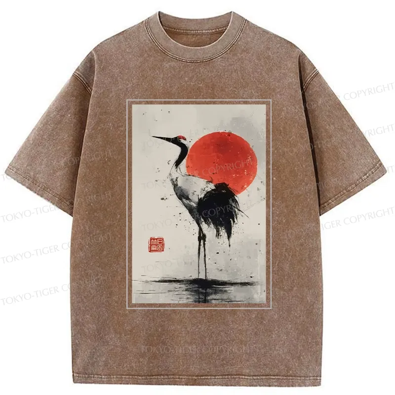 Tokyo-Tiger Retro Japanese Red-crowned Crane Washed T-Shirt