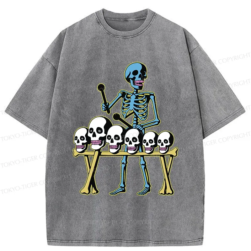 Tokyo-Tiger Skeleton Playing Bone Piano Washed T-Shirt