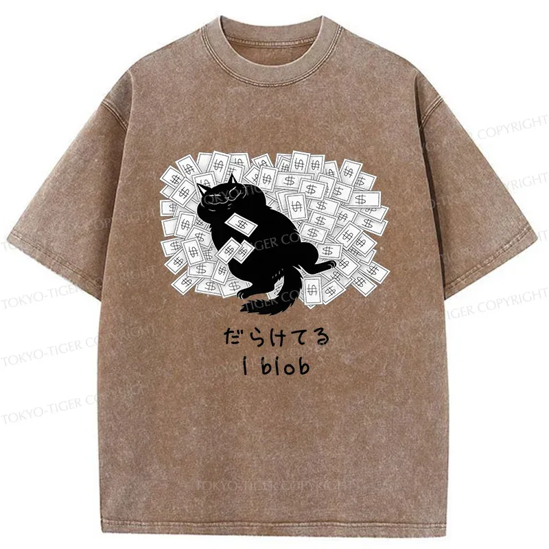 Tokyo-Tiger Cat Lying On Money Washed T-Shirt
