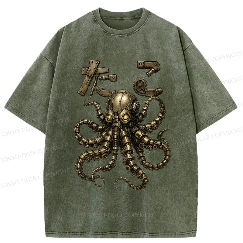 Tokyo-Tiger Mechanical Octopus Washed T-Shirt