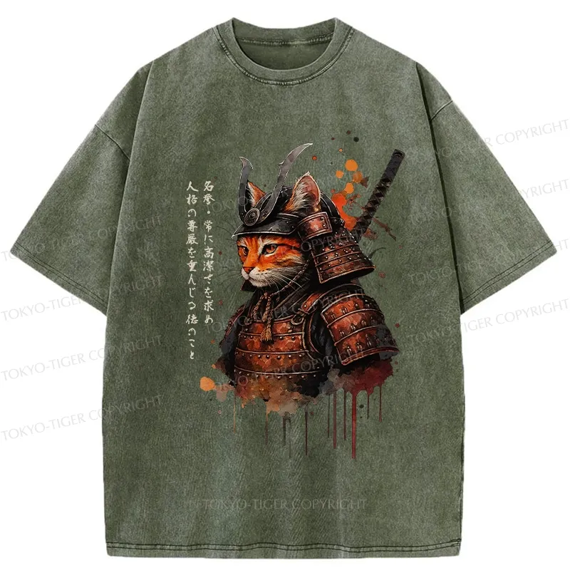 Tokyo-Tiger Vintage Samurai Cat Washed T-Shirt