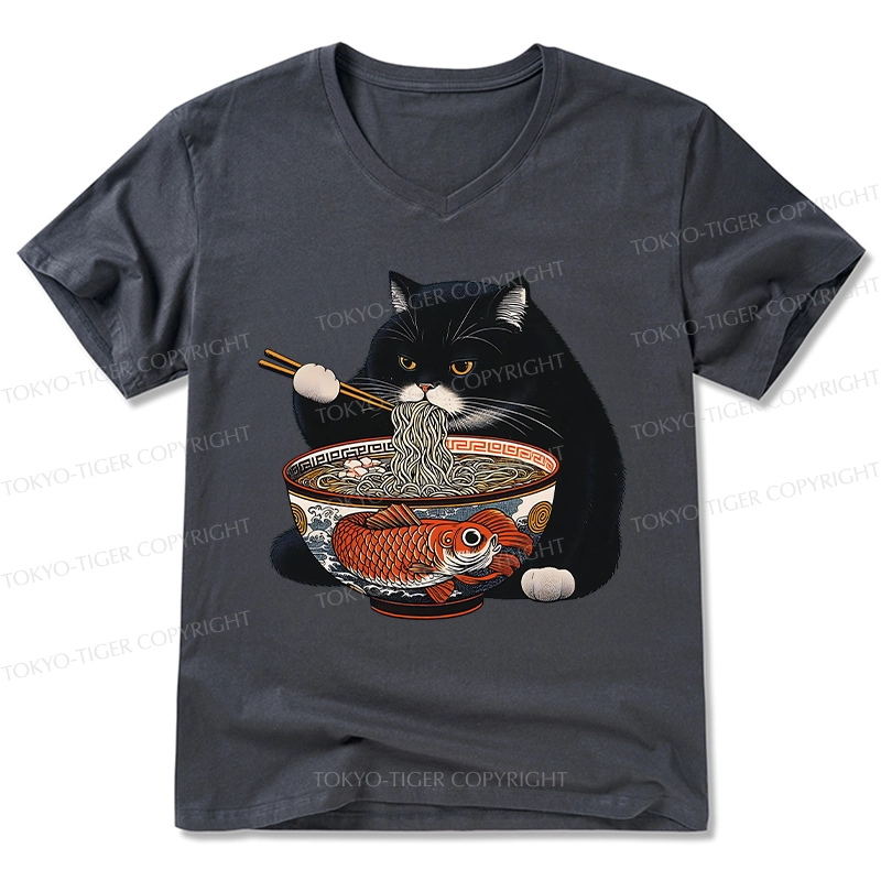 Tokyo-Tiger Fat Cat Eating Ramen V-Neck Classic T-Shirt