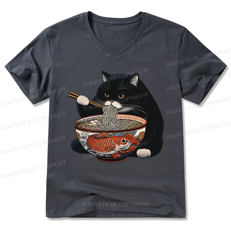 Tokyo-Tiger Fat Cat Eating Ramen V-Neck Classic T-Shirt
