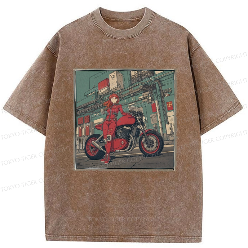 Tokyo-Tiger Cool Motorcycle Girl Washed T-Shirt