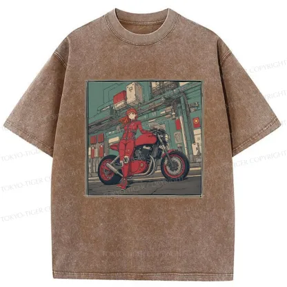 Tokyo-Tiger Cool Motorcycle Girl Washed T-Shirt