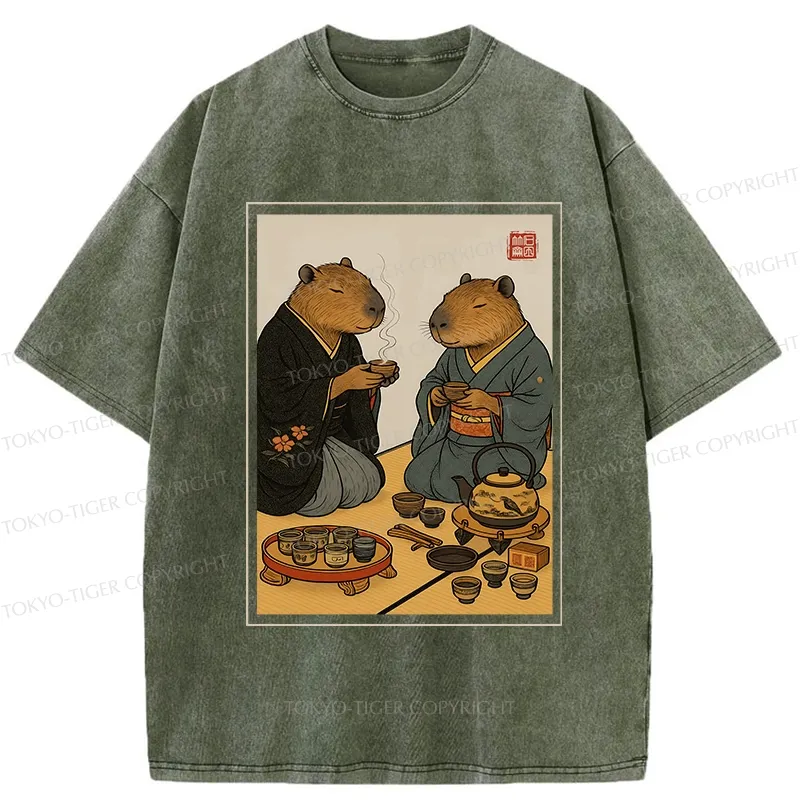 Tokyo-Tiger Capybara Tea Ceremony Washed T-Shirt