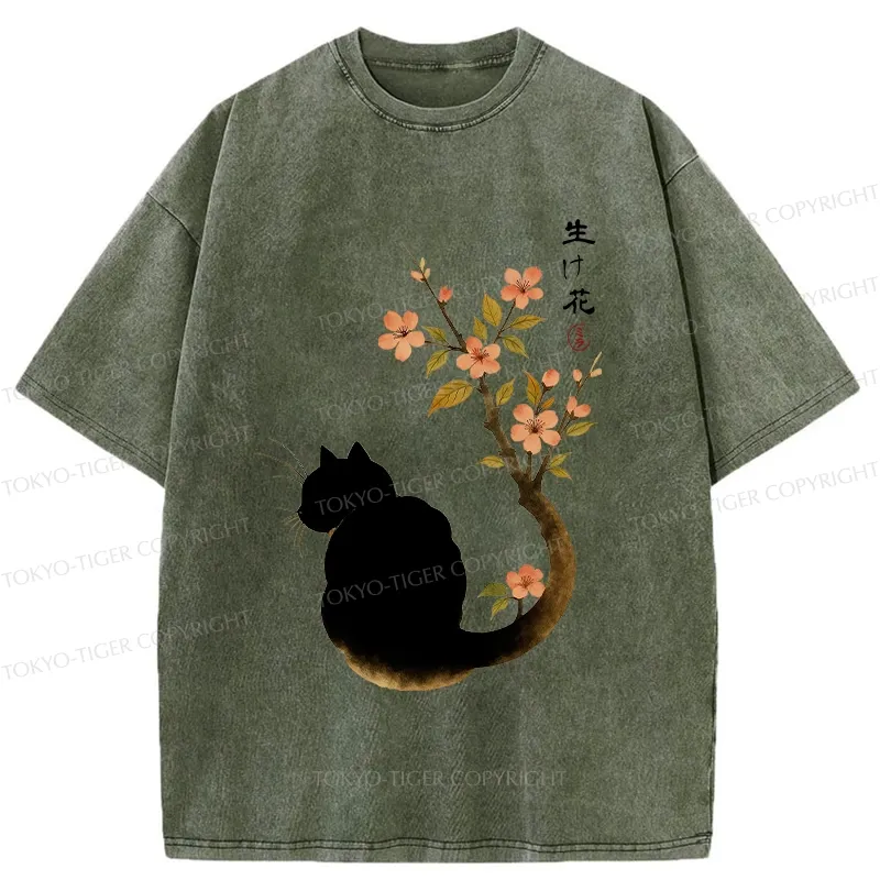 Tokyo-Tiger Retro Cat Tail Flowers Washed T-Shirt
