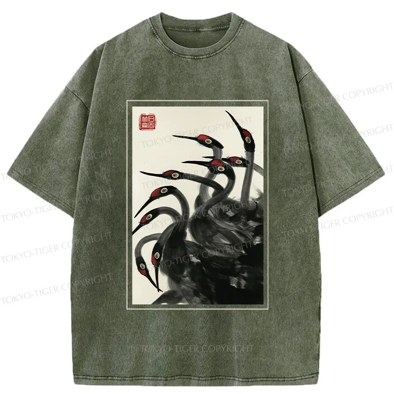 Tokyo-Tiger Retro Red Crowned Crane Washed T-Shirt