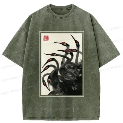 Tokyo-Tiger Retro Red Crowned Crane Washed T-Shirt