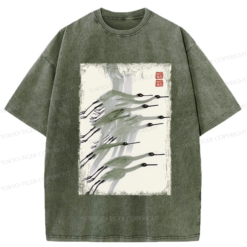 Tokyo-Tiger Flock of Cranes in Flight Washed T-Shirt