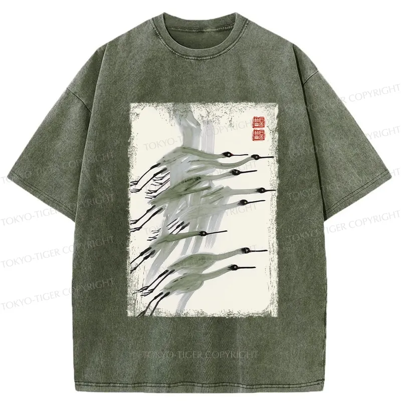 Tokyo-Tiger Flock of Cranes in Flight Washed T-Shirt