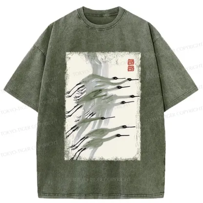 Tokyo-Tiger Flock of Cranes in Flight Washed T-Shirt