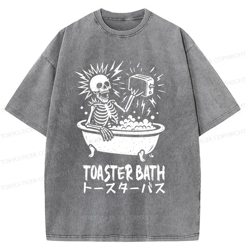 Tokyo-Tiger Funny Skeleton Taking A Bath Washed T-Shirt