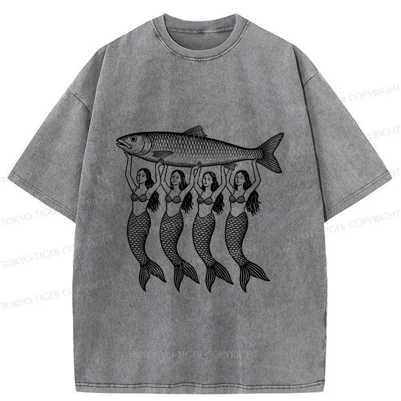 Tokyo-Tiger Mermaids Holding Fish Washed T-Shirt