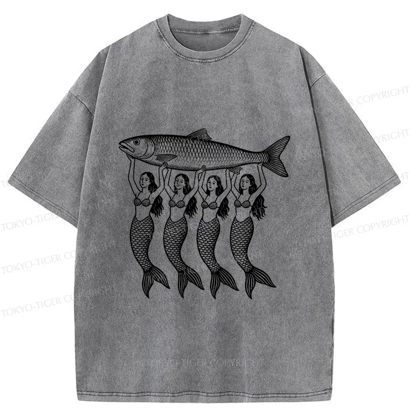 Tokyo-Tiger Mermaids Holding Fish Washed T-Shirt