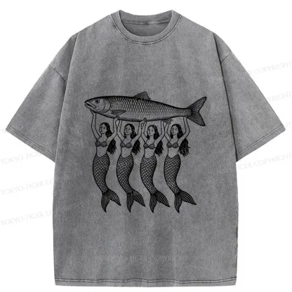 Tokyo-Tiger Mermaids Holding Fish Washed T-Shirt