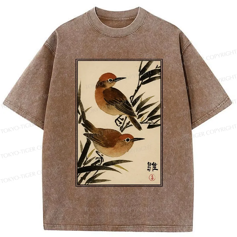 Tokyo-Tiger Sparrows Among Bamboo Washed T-Shirt