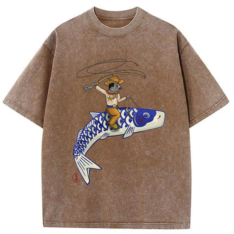 Tokyo-Tiger Cowboy Mouse Ride Fish Washed T-Shirt