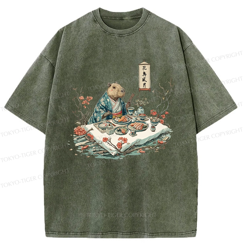 Tokyo-Tiger Capybara Enjoying Sushi Feast Washed T-Shirt