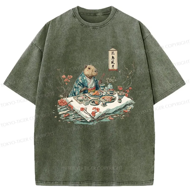 Tokyo-Tiger Capybara Enjoying Sushi Feast Washed T-Shirt
