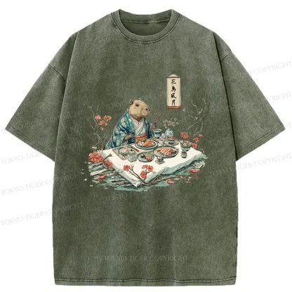 Tokyo-Tiger Capybara Enjoying Sushi Feast Washed T-Shirt